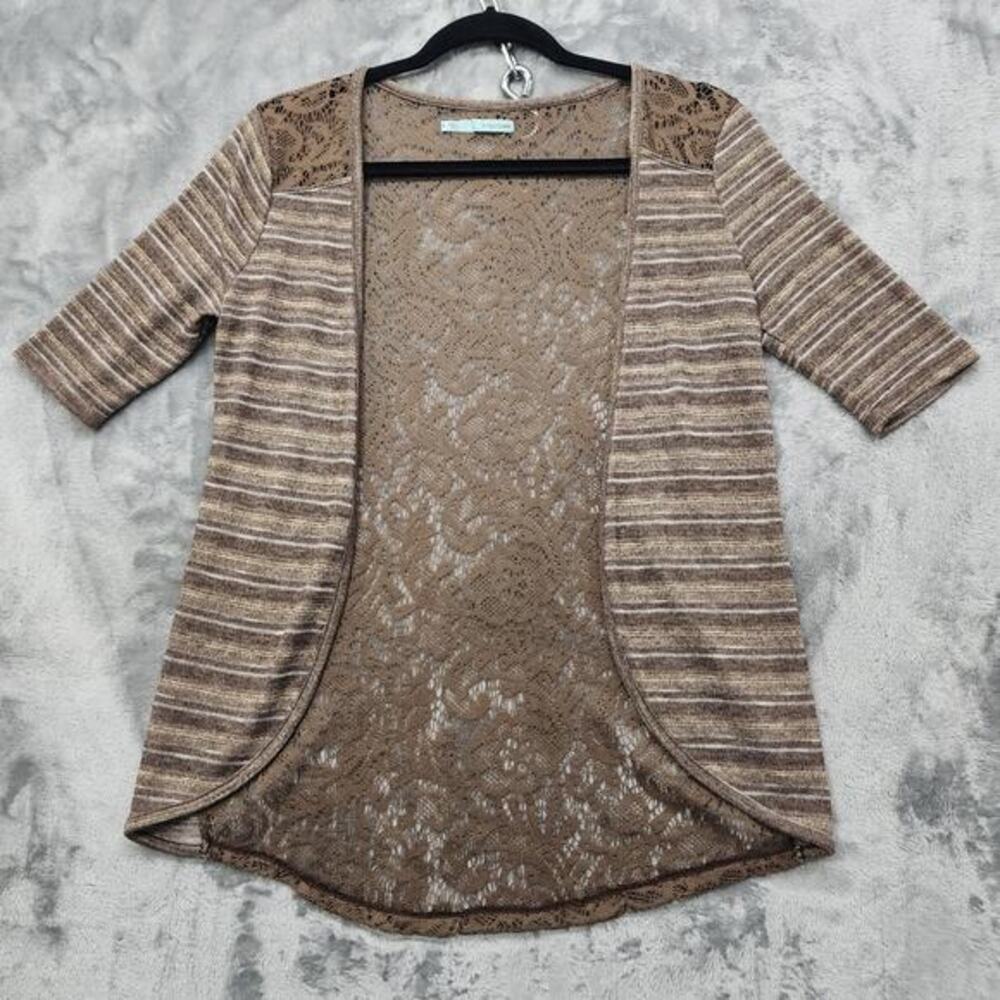 Maurices Cardigan Womens S Brown Golf Metallic Striped Lace Back Short Sleeve
